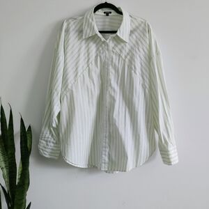 Express Boyfriend Portofino White Green Striped Button Down Shirt XL